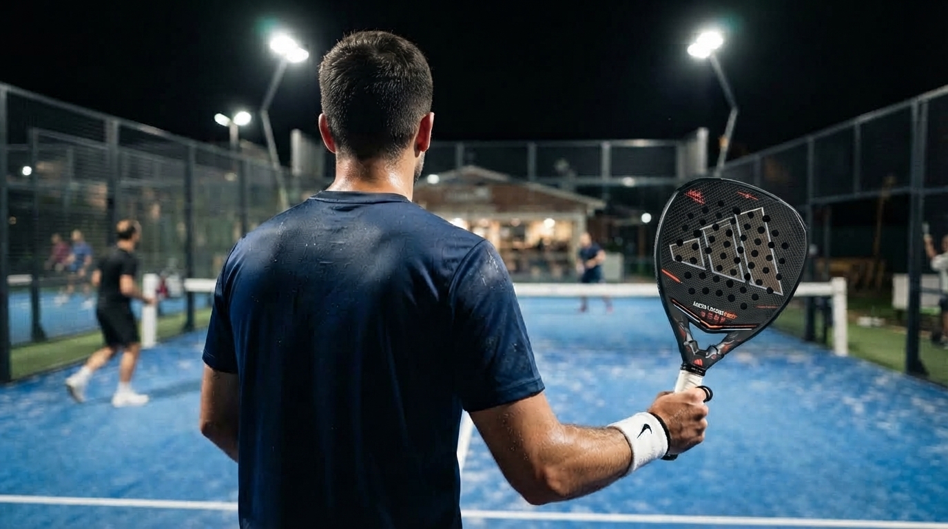 A padel player waiting to serve under the floodlights