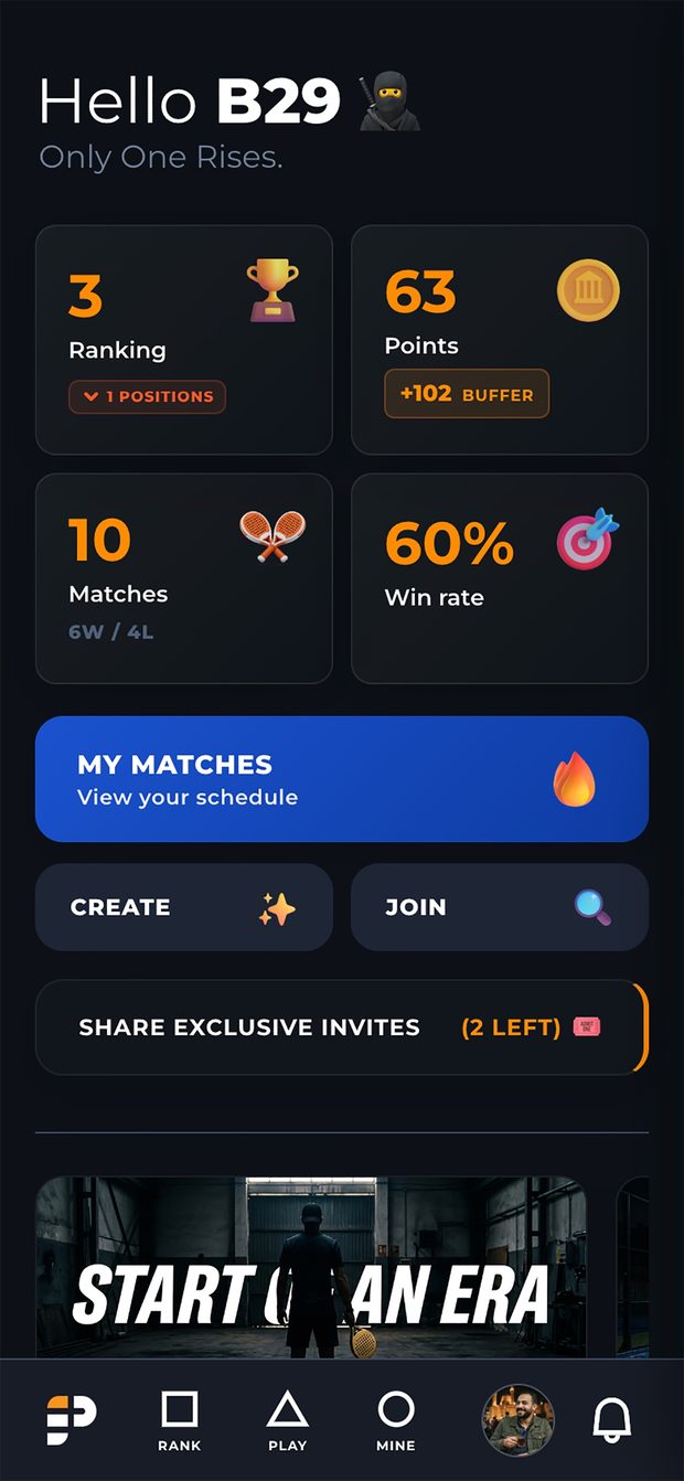 Padeladd home dashboard