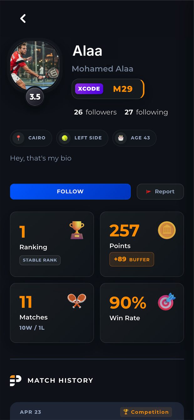 Player profile with rating and stats